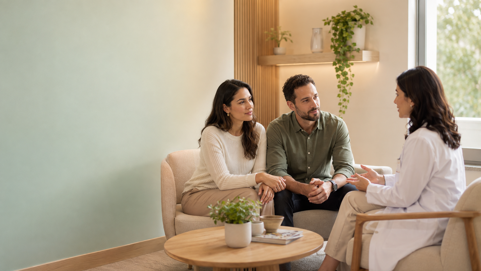 Illustrative image of a couple speaking with a healthcare professional